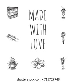 Hand Drawn Sweets Sketches Set. Collection Of Cake, Sorbet, Truffle And Other Sketch Elements.