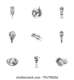 Hand Drawn Sweets Sketches Set. Collection Of Sundae, Double Stick, Sweet And Other Sketch Elements.