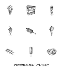 Hand Drawn Sweets Sketches Set. Collection Of Double Stick, Coffee, Fruit And Other Sketch Elements.
