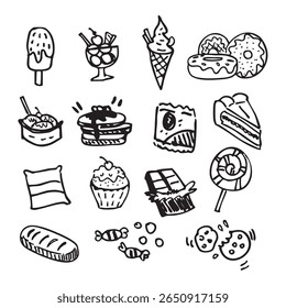 Dulces y bocadillos dibujados a mano. Ilustración vectorial en blanco y negro para usar como ilustración.