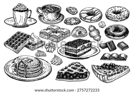 Hand drawn sweets and tea illustration set. Tea time vector elements:  mug of hot drink, sweet desserts and cookies usually done between. Sketch food vector illustration 