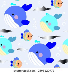 hand drawn swimming blue whale and fish seamless pattern