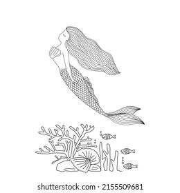 Hand drawn swimming cute mermaid under the ocean on white background
