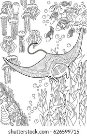 Hand drawn swimming manta with high details for anti stress coloring page, illustration in tracery style. Sketch of a fish in high detailed background in zentangle style. Vector.