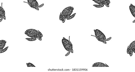 Hand drawn swimming ornate turtle seamless pattern. Vector black ink drawing animal background. Graphic illustration.