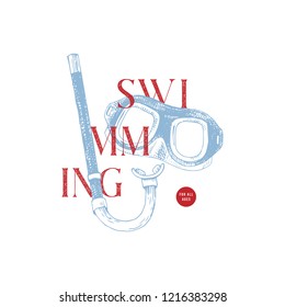 Hand drawn swimming school logo template. Vector illustration