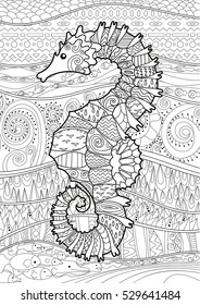 Hand drawn swimming sea horse with high details for anti stress coloring page, illustration in tracery style. Sketch for tattoo, poster, print, t-shirt in zendoodle style. Vector.