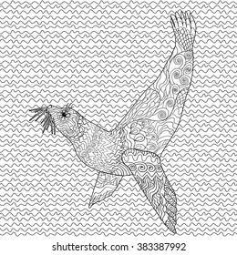 Hand drawn swimming seal with high details for anti stress coloring page, illustration in tracery style. Sketch for tattoo, poster, print, t-shirt in zentangle style. Vector.