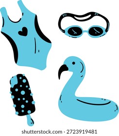 Hand Drawn Swimming Summer Tools and Pool Accessories