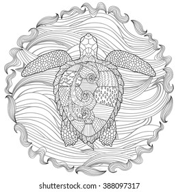 Hand drawn swimming turtle with high details for anti stress coloring page, illustration in zendoodle style. Sketch for tattoo, poster, print, t-shirt in zentangle style. Vector.