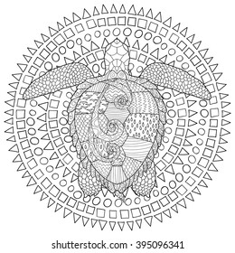 Hand drawn swimming turtle with high details for anti stress coloring page, illustration in zendoodle style. Sketch for tattoo, poster, print, t-shirt in zentangle style. Vector.