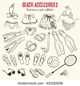 Hand drawn swimsuits, flippers and flip flops collection. Set of beach accessories in sketch style.