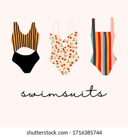 Trajes de baño dibujados a mano.Conjunto vectorial coloreado. Todos los elementos están aislados.