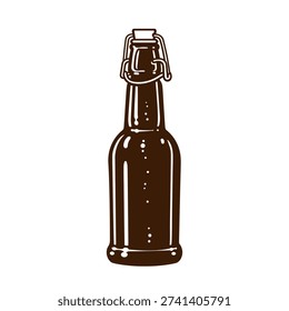 Hand drawn swing top bottle with stopper. Amber glass beer bottle with metal clasp. Brewing storage flask with locking latch cork stopper. Monochrome vector illustration isolated on white background. Not AI.