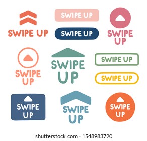 Hand drawn swipe up icon set isolated on white background for social media stories, scroll pictogram. Modern gradient. Arrow up logo for blogger.