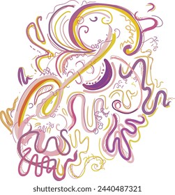 hand drawn swirl design pattern, colorful lines vector image, yellow purple abstract art, brush stroke art, curls