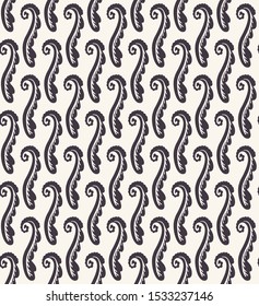 Hand Drawn Swirl Flourish Motif Seamless Pattern. Ornate Arabesque Ornamental Background. Classic Monochrome Black White. Bohemian Textile, Packaging and Wallpaper. All Over Print Vector Eps 10 Tile. 