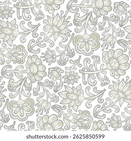 Hand drawn swirl ornamental flowers, paisley pattern, grey and white colors. Seamless floral pattern-716.