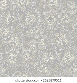 Hand drawn swirl ornamental flowers, paisley pattern, grey colors. Seamless floral pattern-718.