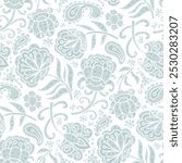 Hand drawn swirl pattern, doodle, blue flowers, white background. Seamless floral pattern-441.