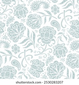 Hand drawn swirl pattern, doodle, blue flowers, white background. Seamless floral pattern-441.