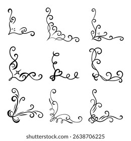 Hand Drawn Swirl Scroll Corner Ornament. A refined collection of 9 hand drawn decorative corner ornaments featuring curls spirals flourishes leaves and artistic strokes. Perfect for layouts invitation