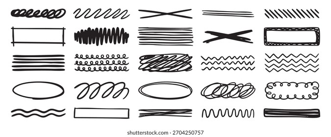 Handgezeichnetes Drallset. Abstrakte Doodle Line Collection. Scribble Strichelemente für kreatives Design. Vektorgrafik