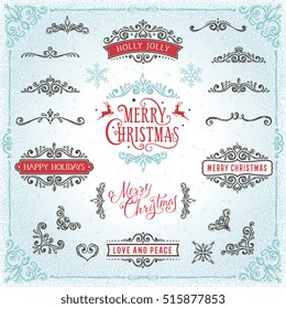 Hand drawn swirl set with Merry Christmas and Happy Holidays typography design. Ornate winter elements, snowflakes, dividers, corners and banners. Vector illustration.