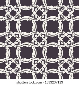Hand Drawn Swirl Trellis Motif Seamless Pattern. Ornate Arabesque Ornamental Background. Classic Monochrome Black White. Bohemian Textile, Packaging and Wallpaper. All Over Print Vector Eps 10 Tile. 