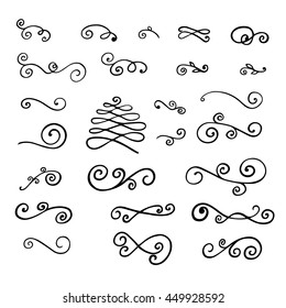 Hand drawn swirls and curls collection. Vintage flourish swirls for greeting card, poster, wedding invitation. Vector illustration.