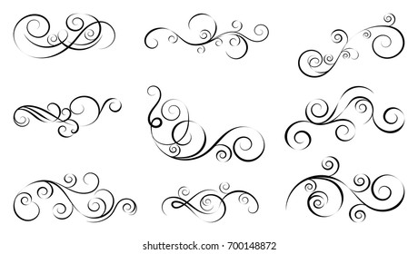 Hand drawn swirls and flourishes. Calligraphic and decorative design elements. Collection of filigree frame decoration illustration.