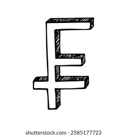 Hand drawn swiss franc currency symbol. Brush stroke doodle. Single element for design