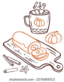 Hand drawn swiss roll, coffee cup, pumpkin in outline style isolated on a white background. Vector illustration. Perfect for menu, coloring book, greeting card, print.