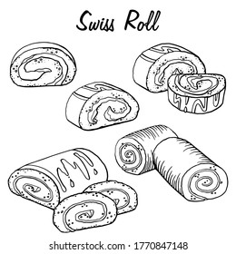 Hand Drawn Swiss Roll Sketch Symbol. Vector Pastry Element In Trendy Style. Set, collection. Vector illustration