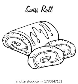 Hand Drawn Swiss Roll Sketch Symbol. Vector Pastry Element In Trendy Style.