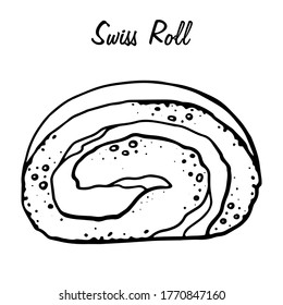 Hand Drawn Swiss Roll Sketch Symbol. Vector Pastry Element In Trendy Style.