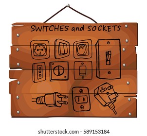 Hand drawn switchers on wooden plank background. Vector illustration.