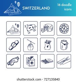 Hand drawn Switzerland travel collection of icons Vector isolated illustration on white background doodle sketch 