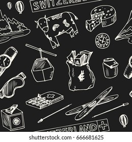 Hand drawn Switzerland travel seamless pattern with icons Vector isolated illustration on white background doodle sketch 
