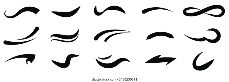 Conjunto de Elementos swoosh dibujados a mano y forma de colas de tipografía de subrayado swoop. Ilustración vectorial.