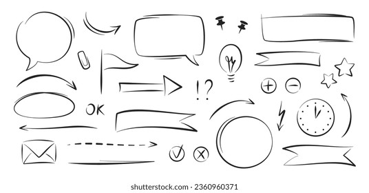 Swoosh dibujado a mano, burbuja de voz, elemento de subrayado de esbozo, forma de línea. Plantillas y elementos para procesos de negocio, presentaciones, diseño de flujo de trabajo. Ilustración vectorial.