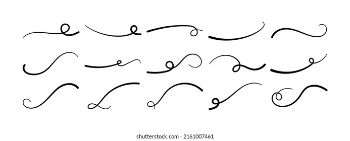 Hand drawn swoosh underline set. Vector calligraphic lettering emphasizies curved line. Element for typography. Collection of black brush strokes isolated on white background. Retro ornament tails