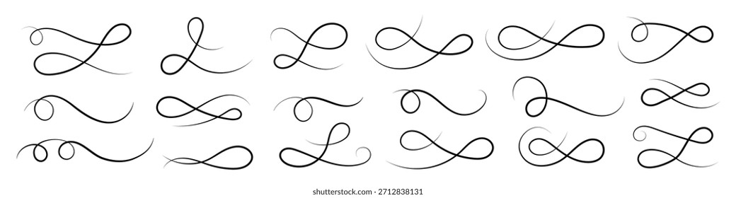 Handgezeichnetes Swoosh-Unterstreichungs-Set mit kalligraphisch gekrümmten Linien und Retro-Ornament-Schwänzen, ideal für Typografie
