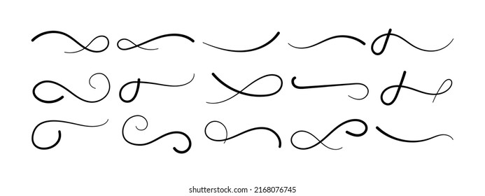 Hand drawn swoosh underlining set. Vector calligraphic lettering emphasize curved line. Element for typography. Collection of black brush strokes isolated on white background. Retro ornament of tails