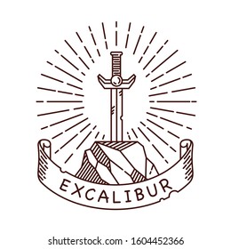 Hand drawn sword in the stone line illustration