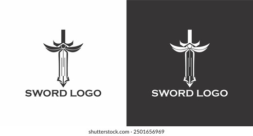 Diseño de logotipo de alas de espada dibujadas a mano. Espada épica con efectos metálicos frescos. El diseño se puede reproducir con un solo color plano