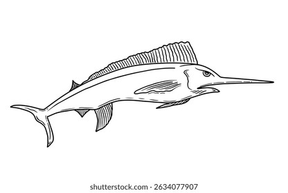 Hand drawn swordfish vector illustration. Sketch style marlin fish graphic black and white