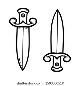 Hand drawn swords set doodle icon. Hand drawn black sketch. Sign cartoon symbol. Decoration element. Isolated on white background. Flat design. Vector illustration.