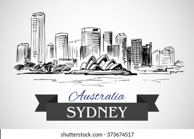 Hand drawn Sydney cityscape on white background