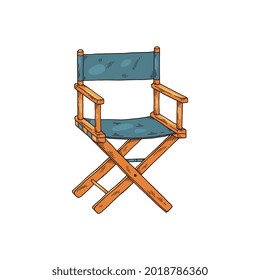 Hand drawn symbol of folding movie director chair, sketch style vector illustration isolated on white background. Foldable portable armchair with textile seat.